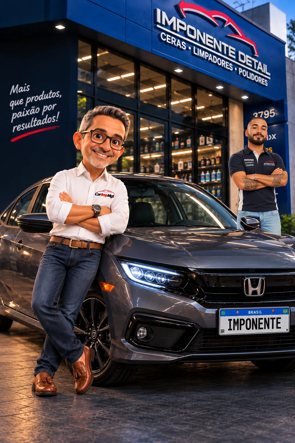 Equipe Imponente Detail em frente à loja, com o Civic, recebendo o cliente